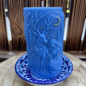 Olive Wax Candle Pillar with Plate