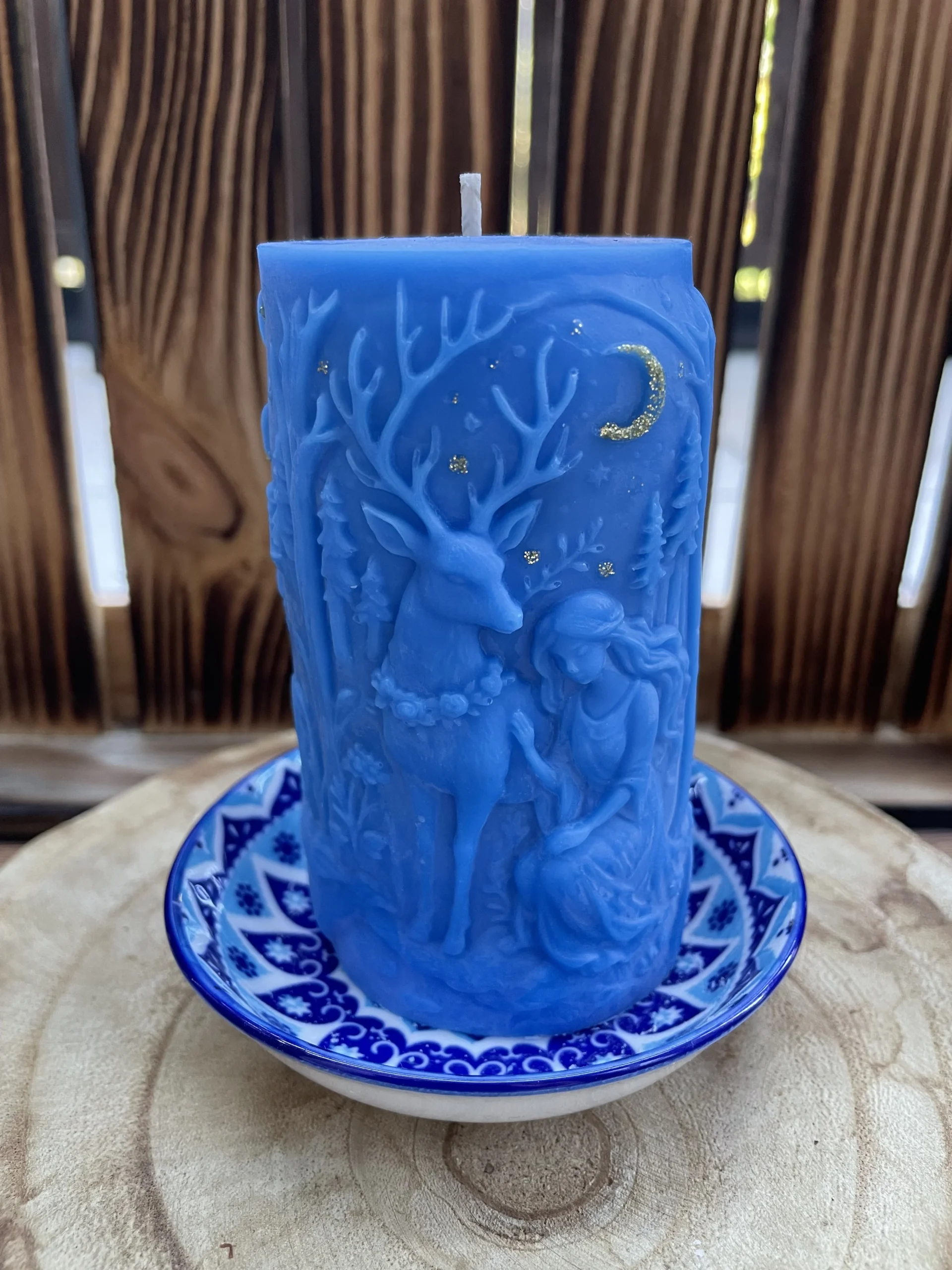 Olive Wax Candle Pillar with Plate